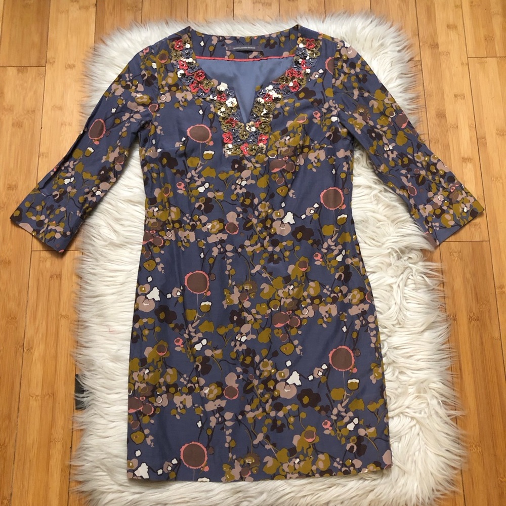 Boden Beaded Embellishment 3D Flowers Silk Floral Long Sleeve Shift Dress 4